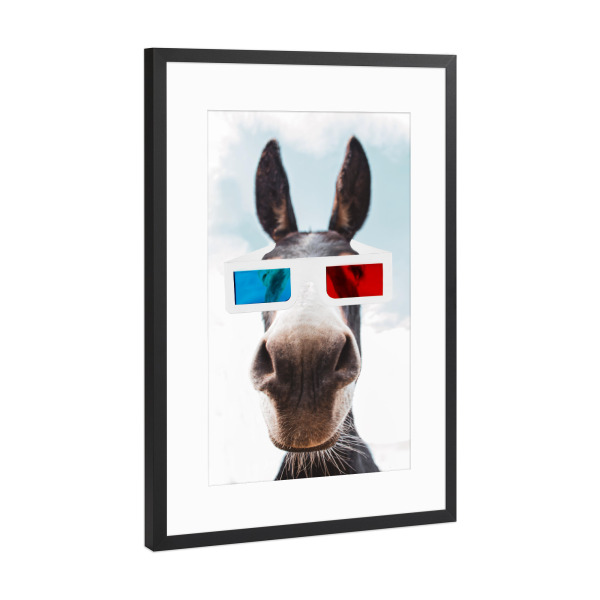 Poster mit Rahmen Schwarz (Metallic) "Esel in 3d" artboxONE - Natur,Film,Tiere - Film,Esel,3d -brille,Spaß,Verspielt,Tier