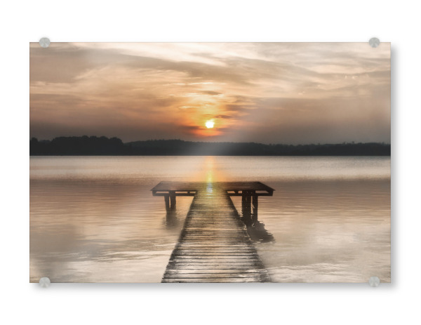 Acrylglasbild "Weicher Sonnenuntergang Dock" artboxONE - Natur,Reise / Strand und Meer - Dock,Küste,Sonnenuntergang,Abenddämmerung,Abend,Wasser