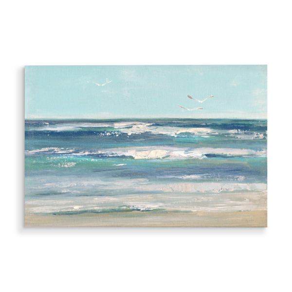 Holzbild "Windgepeitschte Bucht" artboxONE - Tiere,Reise / Strand und Meer - Vögel,Strand,Küste,Wasser,Ozean