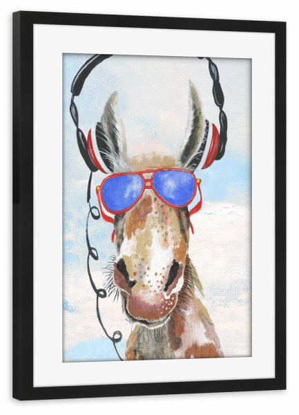 Poster mit Rahmen schwarz "Spielen Sie meinen Musikendelke" artboxONE - Natur,Tiere,Musik - Esel,Musik,Kopfhörer,Brille,Spaß,Süß,Verspielt,Tier