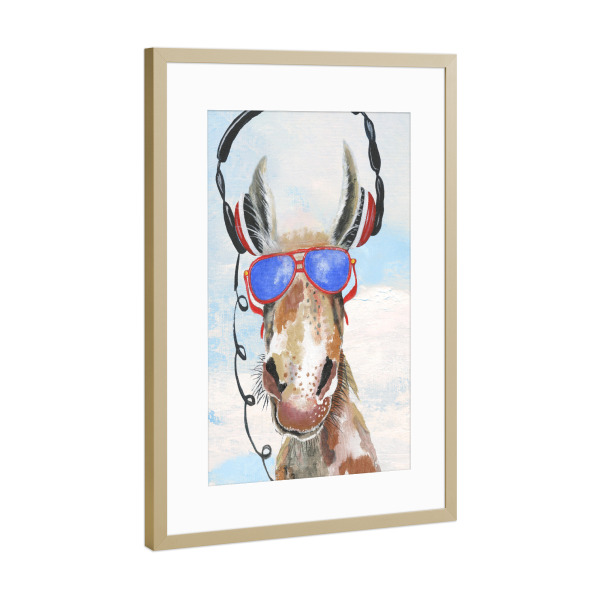 Poster mit Rahmen Gold "Spielen Sie meinen Musikendelke" artboxONE - Natur,Tiere,Musik - Esel,Musik,Kopfhörer,Brille,Spaß,Süß,Verspielt,Tier