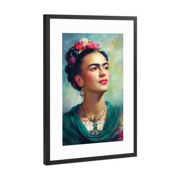 Poster mit Rahmen Schwarz (Metallic) "Florale Frida Kahlo Porträt" artboxONE - Floral,Menschen,Fashion