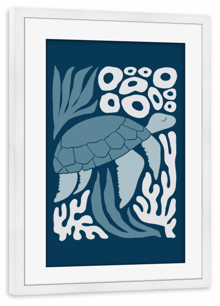 Poster mit Rahmen weiß "Meeresschildkröte schwimmt dunkel" artboxONE - Für Kinder,Tiere,Abstrakt,Reise / Strand und Meer