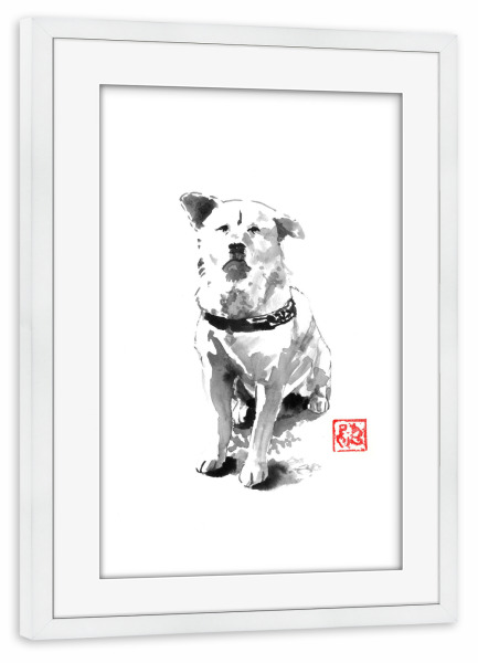 Poster mit Rahmen weiß "Hachiko" artboxONE - Tiere,Schwarzweiß - Hund,Sumie,Japan