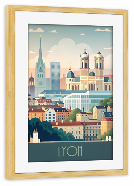 Poster mit Rahmen kiefer "Minimalistische Skyline von Lyon" artboxONE - Städte,Reise,Architektur