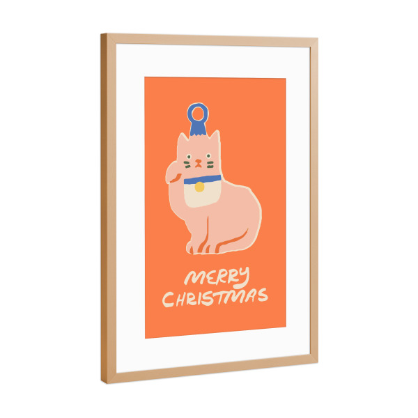 Poster mit Rahmen Kupfer "Merry Christmas (64)" artboxONE - Für Kinder,Weihnachten,Für Mama - Weihnachten,Katze,Christmas,Text,Tiere,Pastell,Orange