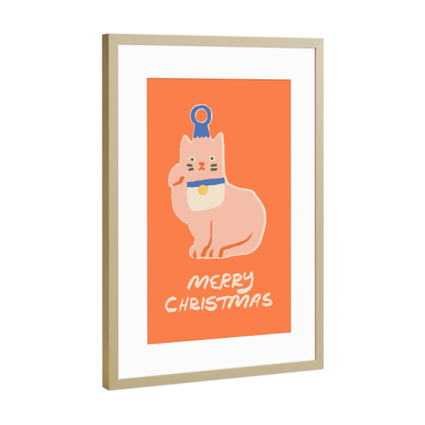 Poster mit Rahmen Gold "Merry Christmas (64)" artboxONE - Für Kinder,Weihnachten,Für Mama - Weihnachten,Katze,Christmas,Text,Tiere,Pastell,Orange