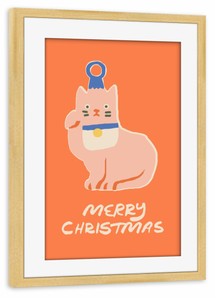 Poster mit Rahmen kiefer "Merry Christmas (64)" artboxONE - Für Kinder,Weihnachten,Für Mama - Weihnachten,Katze,Christmas,Text,Tiere,Pastell,Orange