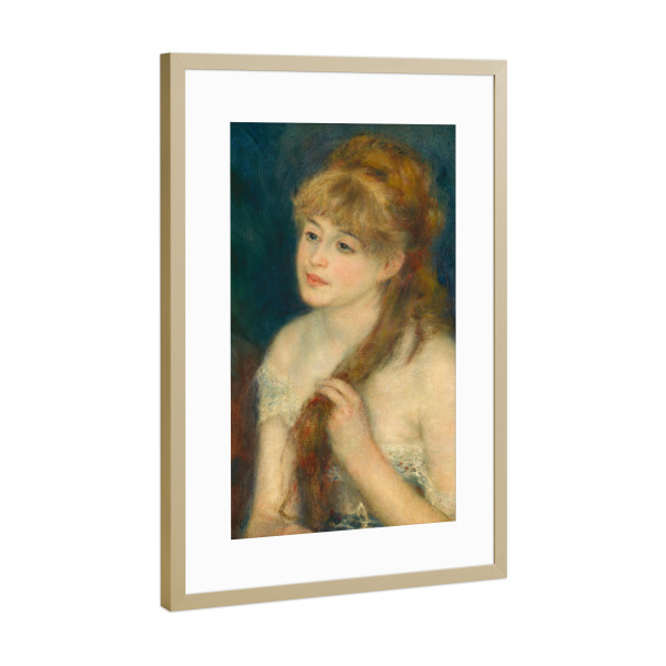 Poster mit Rahmen Gold "Junge Frau, die ihr Haar flechtet" artboxONE - Für Kinder,Für Mama,Für Papa