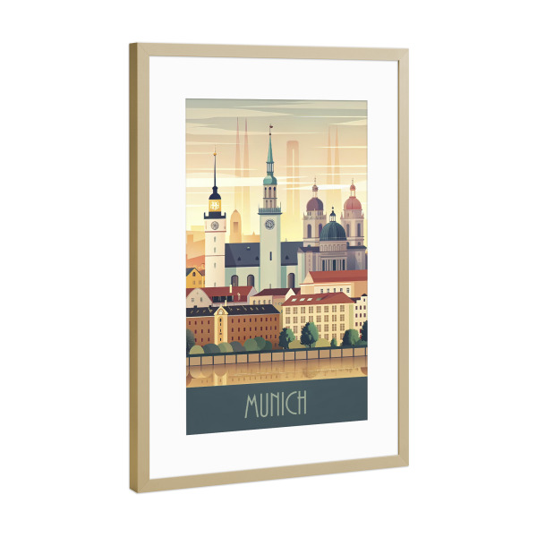 Poster mit Rahmen Gold "The minimalist skyline of Munich B" artboxONE - Städte,Reise,Architektur
