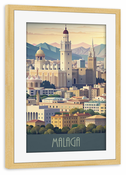 Poster mit Rahmen kiefer "Minimalistische Skyline von Malaga" artboxONE - Städte,Reise,Architektur