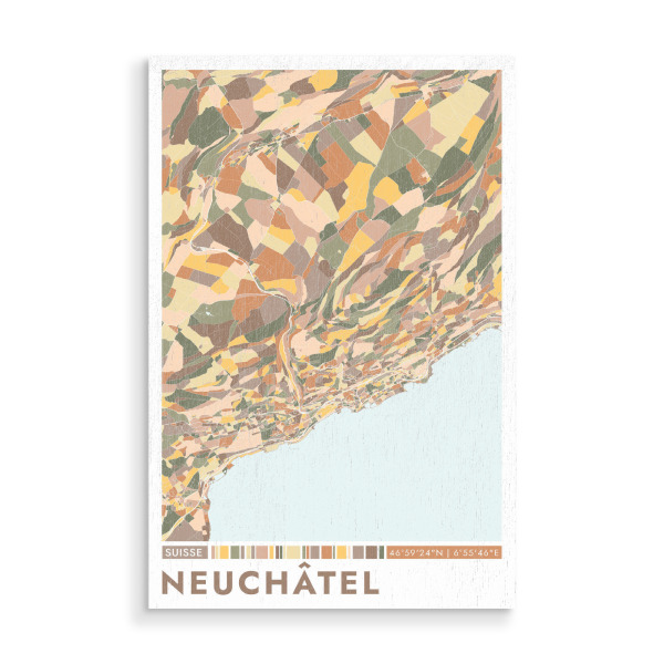 Holzbild "Neuchâtel Color Map" artboxONE - Städte / Weitere,Kartografie