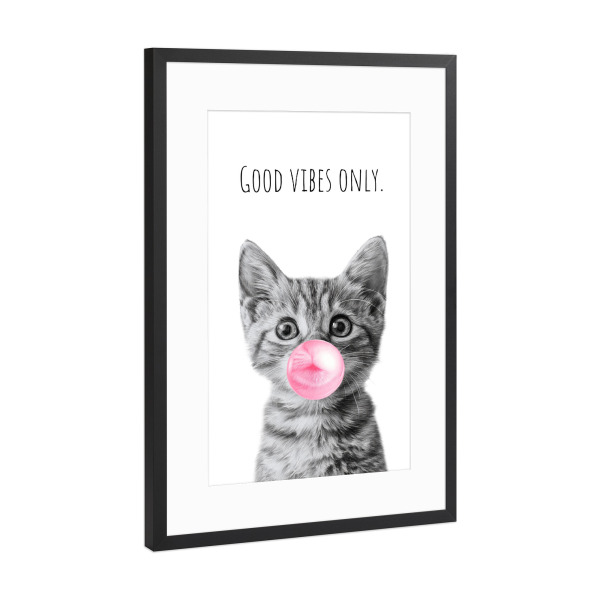 Poster mit Rahmen Schwarz (Metallic) "Coole Katze - Good Vibes Only pink" artboxONE - Typografie,Tiere,Lustig