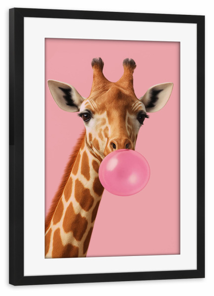 Poster mit Rahmen schwarz "Rosa Kaugummi-Giraffe" artboxONE - Tiere,Lustig