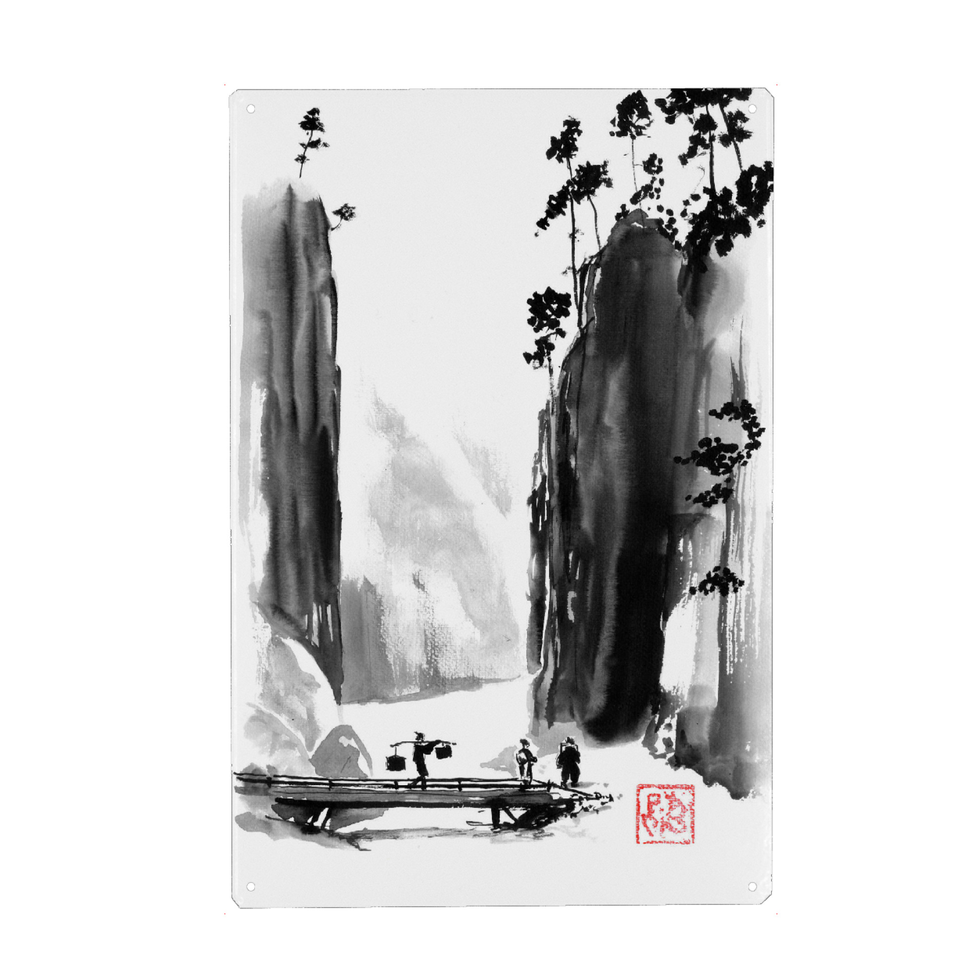 Metall Poster "Passage" artboxONE - Reise / Asien - Berg,Fluss,Brücke,Sumie,Japan,Samurai,Geisha - Blechschild