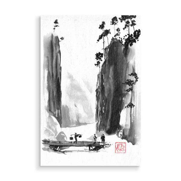 Holzbild "Passage" artboxONE - Reise / Asien - Berg,Fluss,Brücke,Sumie,Japan,Samurai,Geisha