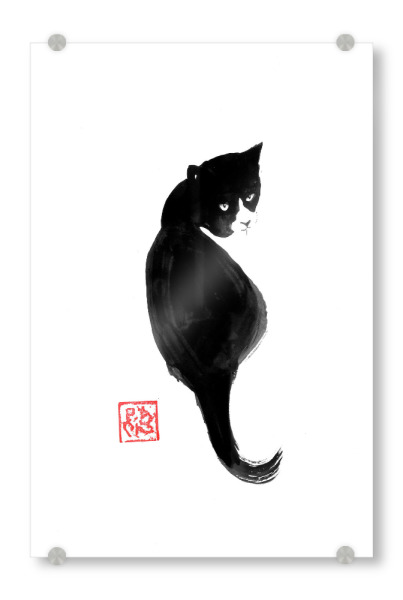 Acrylglasbild "Schwarze sitzende Katze" artboxONE - Tiere,Schwarzweiß - Katze,Sumie,Japan