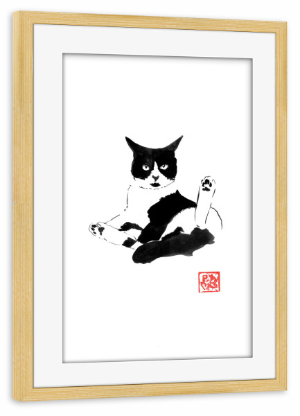 Poster mit Rahmen kiefer "Schwarze Waschkatze" artboxONE - Tiere,Schwarzweiß - Katze,Sumie,Japan