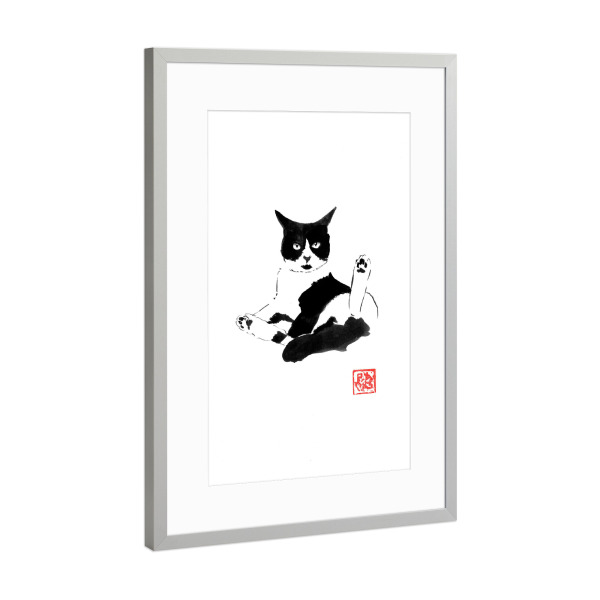 Poster mit Rahmen Silber "Schwarze Waschkatze" artboxONE - Tiere,Schwarzweiß - Katze,Sumie,Japan