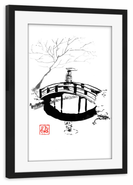Poster mit Rahmen schwarz "Dame Winter" artboxONE - Tiere,Schwarzweiß - Frau,Geisha,Brücke,Schnee,Winter,Japan,Sumie,Regenschirm