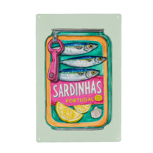 Metall Poster "Sardinhas – Geschmack Portugals" artboxONE - Typografie,Essen & Trinken,Reise / Strand und Meer