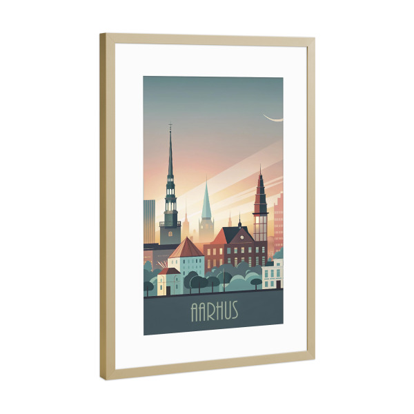 Poster mit Rahmen Gold "Minimalistische Skyline von Aarhus" artboxONE - Städte,Reise,Architektur