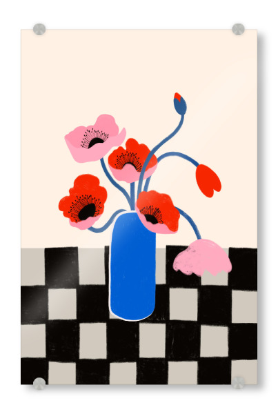 Acrylglasbild "Blooming Contrast" artboxONE - Floral,Abstrakt,Für Mama - Blume,Blumen,Vase,Illustration,Karo,Kariert,Mohn,Dekorativ,Schlicht,Treechild