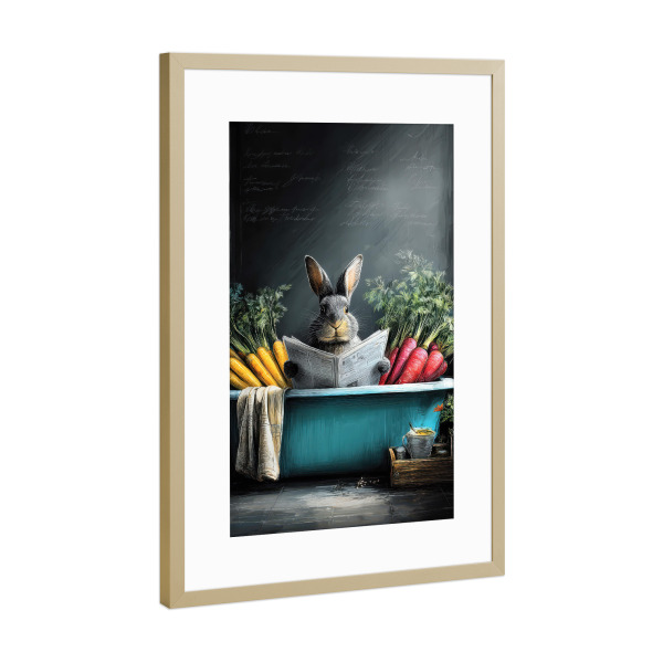 Poster mit Rahmen Gold "Hase nimmt ein Bad" artboxONE - Tiere,Lustig - Bath,Bathtube,Bathroom,Animal,Relax,Spa,Rabbit