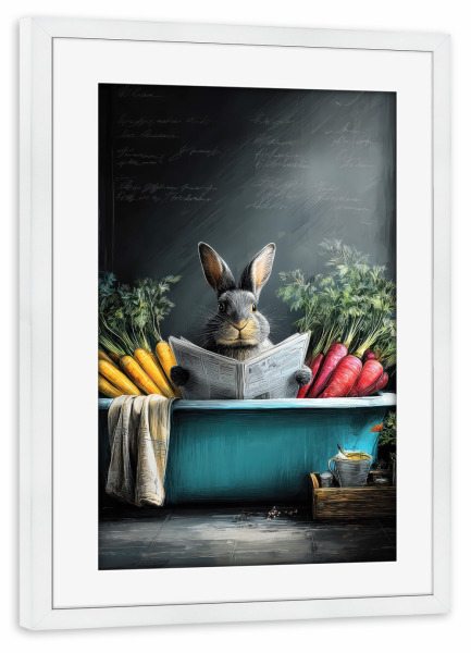 Poster mit Rahmen weiß "Hase nimmt ein Bad" artboxONE - Tiere,Lustig - Bath,Bathtube,Bathroom,Animal,Relax,Spa,Rabbit