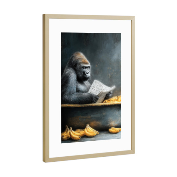 Poster mit Rahmen Gold "Gorilla nimmt ein Bad A" artboxONE - Tiere,Lustig - Gorilla,Affe,Bad,Badewanne,Badezimmer,Tier,Entspannen,Spa