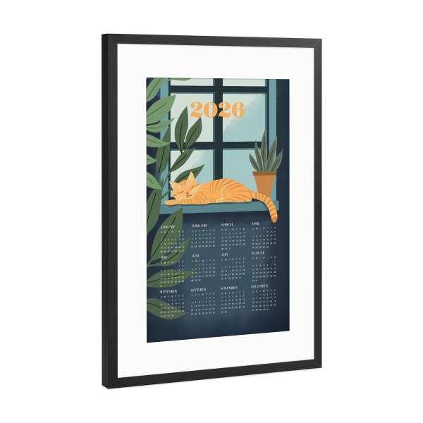 Poster mit Rahmen Schwarz (Metallic) "Kalender mit Katzen & Pflanzen" artboxONE - Tiere