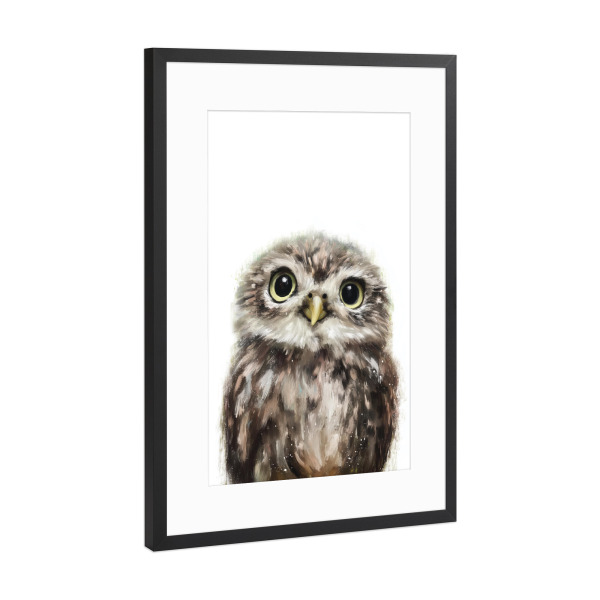 Poster mit Rahmen Schwarz (Metallic) "Mini Eule im Licht" artboxONE - Natur,Tiere,Lustig