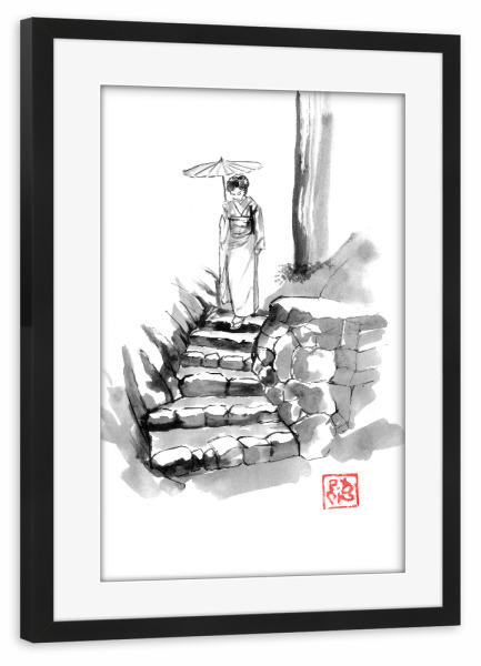 Poster mit Rahmen schwarz "Frau steigt die Treppe hinunter" artboxONE - Reise / Asien - Treppen,Sumie,Japan,Geisha,Steine,Regenschirm