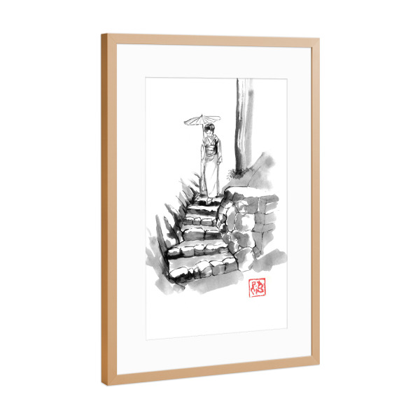 Poster mit Rahmen Kupfer "Frau steigt die Treppe hinunter" artboxONE - Reise / Asien - Treppen,Sumie,Japan,Geisha,Steine,Regenschirm