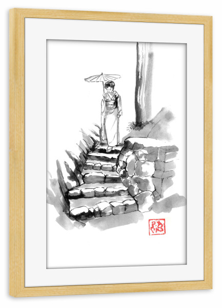 Poster mit Rahmen kiefer "Frau steigt die Treppe hinunter" artboxONE - Reise / Asien - Treppen,Sumie,Japan,Geisha,Steine,Regenschirm