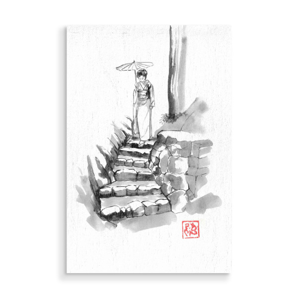Holzbild "Frau steigt die Treppe hinunter" artboxONE - Reise / Asien - Treppen,Sumie,Japan,Geisha,Steine,Regenschirm