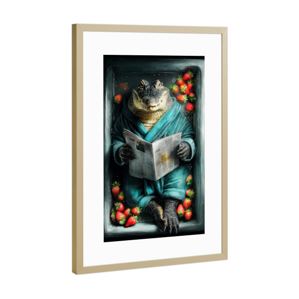 Poster mit Rahmen Gold "Krokodil nimmt ein Bad B" artboxONE - Tiere,Lustig - Krokodil,Bad,Badewanne,Badezimmer,Tier,Entspannen,Spa