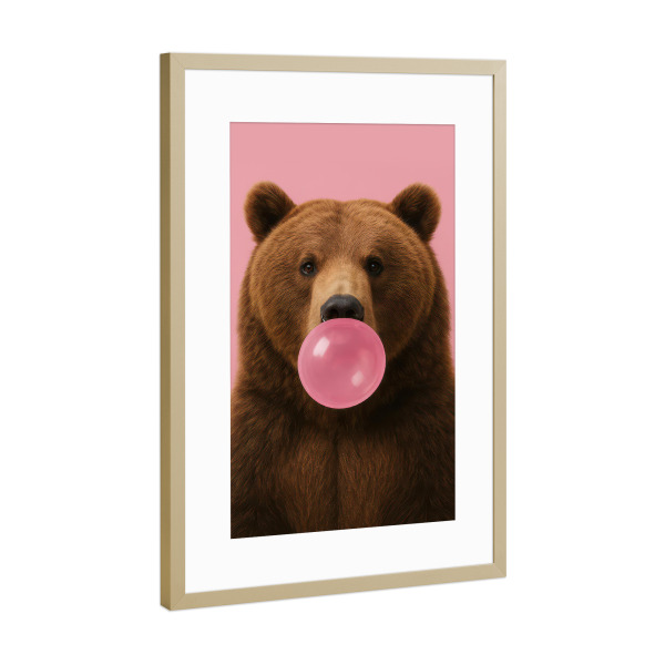 Poster mit Rahmen Gold "Kaugummibär" artboxONE - Tiere,Lustig - Bär,Kaugummi,Rosa,Süß,Lustig,Tier,Modern,Verspielt,Kinderzimmer,Bezaubernd,Wilder bär