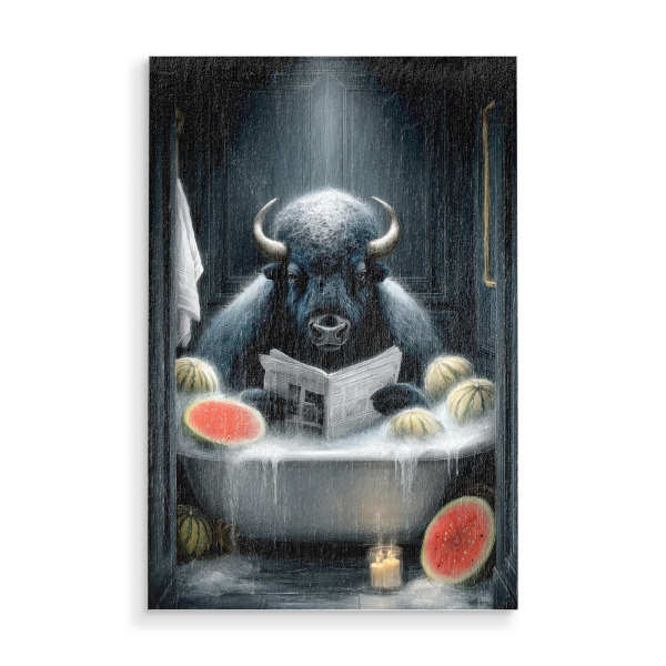 Holzbild "Bison nimmt ein Bad A" artboxONE - Tiere,Lustig - Bison,Bad,Badewanne,Badezimmer,Tier,Entspannen,Spa
