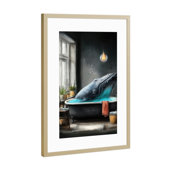 Poster mit Rahmen Gold "Wal nimmt ein Bad A" artboxONE - Tiere,Lustig - Wal,Bad,Badewanne,Badezimmer,Tier,Entspannen,Spa