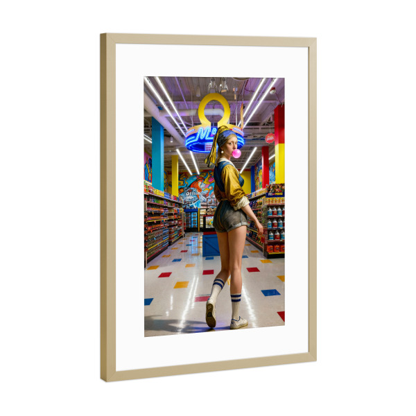 Poster mit Rahmen Gold "Perlenmädchen im Supermarkt" artboxONE - Menschen,Fiktion