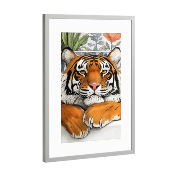Poster mit Rahmen Silber "Tiger nimmt ein Bad A" artboxONE - Tiere - Tiger,Katze,Bad,Badewanne,Badezimmer,Tier,Entspannen