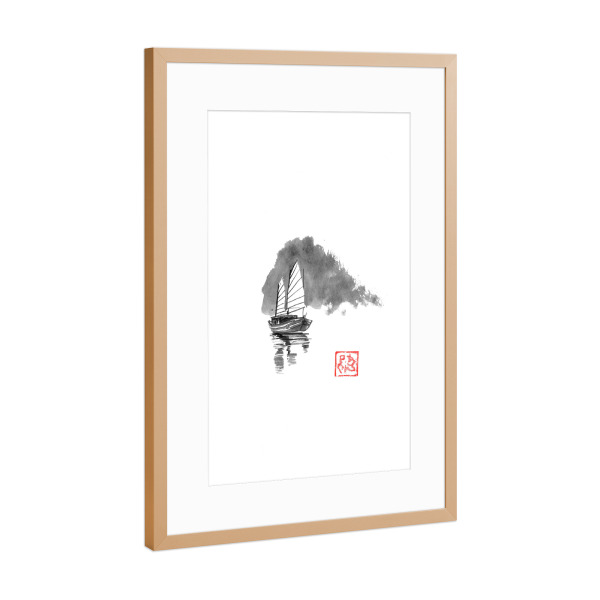 Poster mit Rahmen Kupfer "Boot fährt weg" artboxONE - Schwarzweiß,Reise / Asien - Boot,Sumie,Japan,Berg