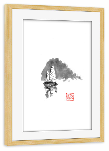 Poster mit Rahmen kiefer "Boot fährt weg" artboxONE - Schwarzweiß,Reise / Asien - Boot,Sumie,Japan,Berg