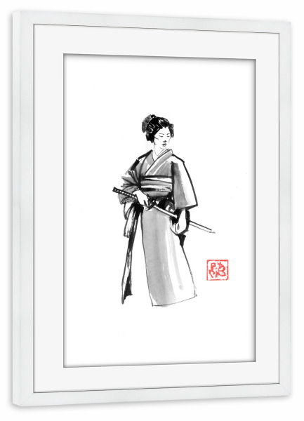 Poster mit Rahmen weiß "Samurai-Geisha" artboxONE - Reise / Asien - Sumie,Japan,Geisha,Samurai