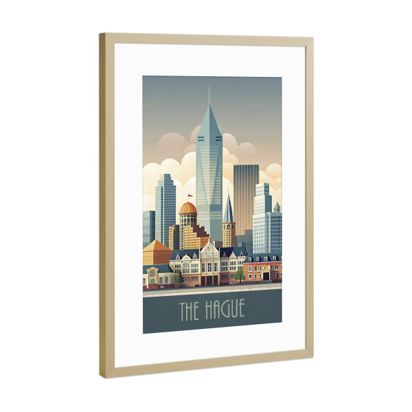 Poster mit Rahmen Gold "Skyline von Den Haag" artboxONE - Städte,Reise,Abstrakt,Architektur