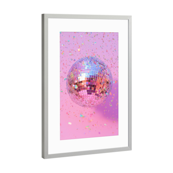 Poster mit Rahmen Silber "Strahlende Discokugel Vibes" artboxONE - Abstrakt,Musik,Geometrie