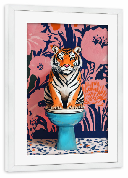 Poster mit Rahmen weiß "Tiger im Badezimmer A" artboxONE - Tiere,Lustig - Tiger,Katze,Bad,Badewanne,Badezimmer,Tier,Toilette