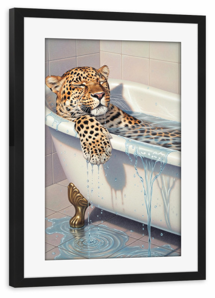 Poster mit Rahmen schwarz "Leopard in der Badewanne" artboxONE - Tiere,Lustig