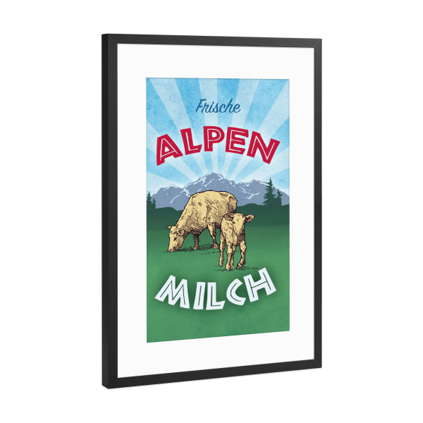 Poster mit Rahmen Schwarz (Metallic) "Frische Alpenmilch" artboxONE - Typografie,Tiere,Essen & Trinken,Essen & Trinken / Obst & Gemüse